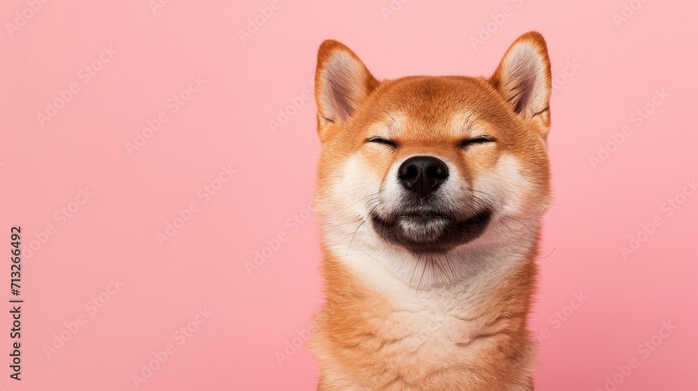 a photo portrait of a happy Shiba Inu dog on a light pink background