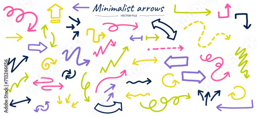Flèches minimalistes. Fléches dessinées à la main. Flèches simples. Pack de flèches variées dessinées à la main. Fléches colorées, fichiers vectoriel modifiable. Flèches funs. 