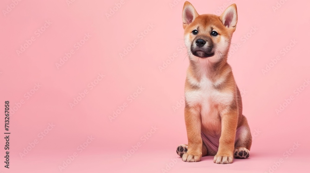 photo portrait of a cute sitting Shiba Inu puppy on a light pink background