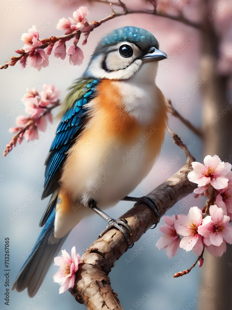Fototapeta premium Colorful robin perched on a spring branch amidst nature's vibrant hues, showcasing the beauty of wildlife in the wild