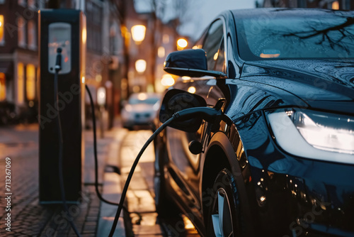 Car charging at electric car charging station. Electric vehicle charger station for charge EV battery. EV car charging point. Clean energy. Sustainable transportation. Green technology.