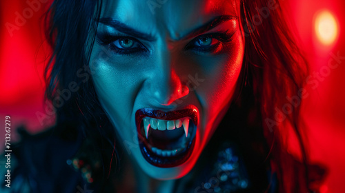 Woman vampire with open mouth and long fangs photo