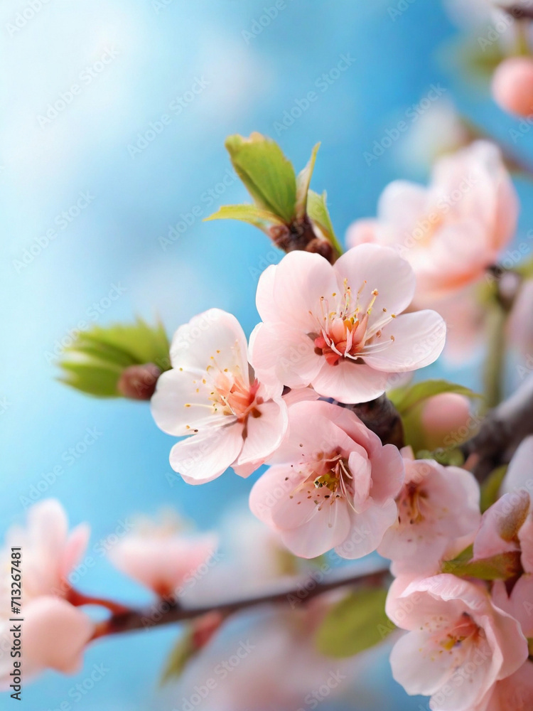 branches of blossoming cherry against background of blue sky, Pink sakura flowers, dreamy romantic image spring