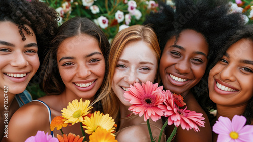 group of five diverse happy young women with flowers photo
