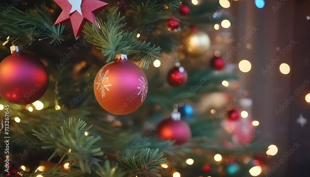 Decorated Christmas tree with red baubles on blurred background. Generative AI
