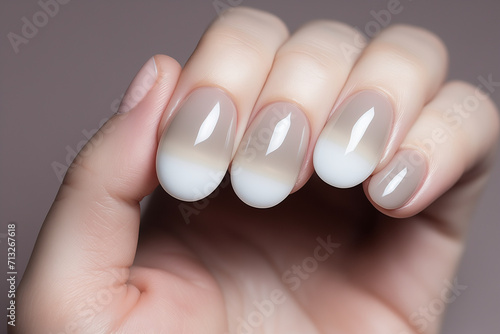 Elongated  pristine white nails  like delicate ivory crescents  emerge from a canvas of soft  atmospheric light. minimalist fashion and beauty concept