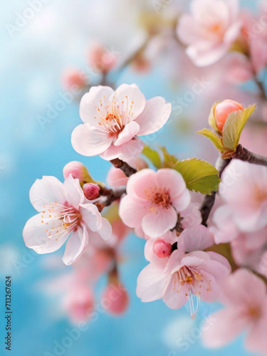 branches of blossoming cherry against background of blue sky, Pink sakura flowers, dreamy romantic image spring