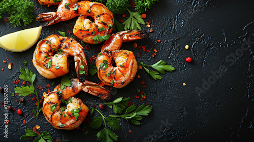 Grilled tiger prawns, shrimp, with lemon and herbs in frying pan 