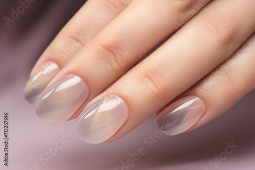 Delicate fingers with polished nails  bathed in soft focus  cradle an oval perfection. minimalist concept. 