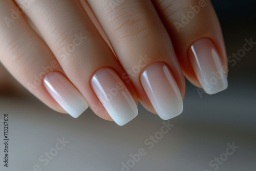 Elongated  pristine white nails  like delicate ivory crescents  emerge from a canvas of soft  atmospheric light. minimalist fashion and beauty concept