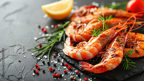 Grilled tiger prawns, shrimp, with lemon and herbs in frying pan 