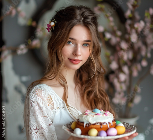 A beautiful young woman holds an Easter cake and colorful eggs on a decorative plate in a cozy home environment