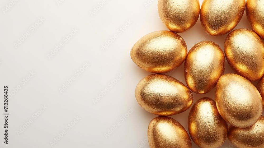 Golden easter eggs background, top view with copy space	
