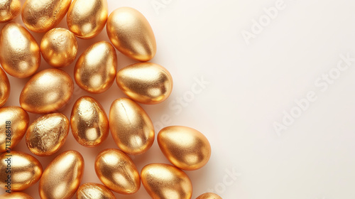 Golden easter eggs background, top view with copy space 