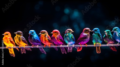 Colorful birds on a telephone wire. all different colors and patterns. Colorful eye-catching abstract background for creative and diverse content. Black background. Extra wide format.