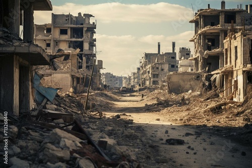 A deteriorated neighborhood in a war-torn Syrian city. Generative AI photo