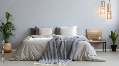 Interior of modern bedroom with white walls, concrete floor, comfortable king size bed with white blanket. Generative AI.