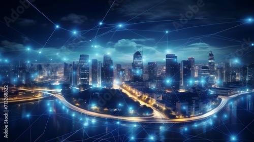 Digital city with high speed information and power grid. Digital community, smart society. DX, Iot, urban and rural nature areas digital network. digital society concept.  
