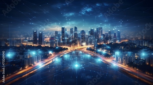 Digital city with high speed information and power grid. Digital community, smart society. DX, Iot, urban and rural nature areas digital network. digital society concept.   © Ziyan