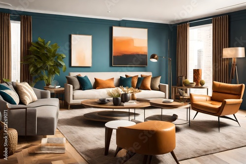  a West-inspired living room, showcasing bold accent walls, contemporary furniture, and artwork, with a warm, inviting atmosphere