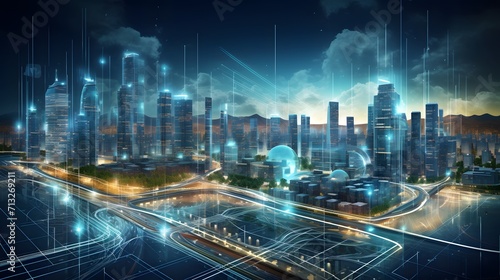 Digital city with high speed information and power grid. Digital community  smart society. DX  Iot  urban and rural nature areas digital network. digital society concept.   