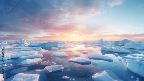 Ice sheets melting in the arctic, antarctic, or polar region ocean and waters. Global warming, climate change, greenhouse gas, ecology concept.  © Ziyan