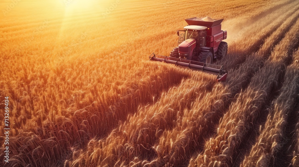 Fototapeta premium Aerial view of modern industrial combine harvesting wheat cereals on a summer evening. Grain harvester in an endless wheat field. The reflection of the setting sun in the background.