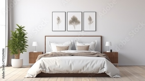 Mock-up poster frame in a bedroom, Scandinavian style, 3d render. Generative AI. © Penatic Studio