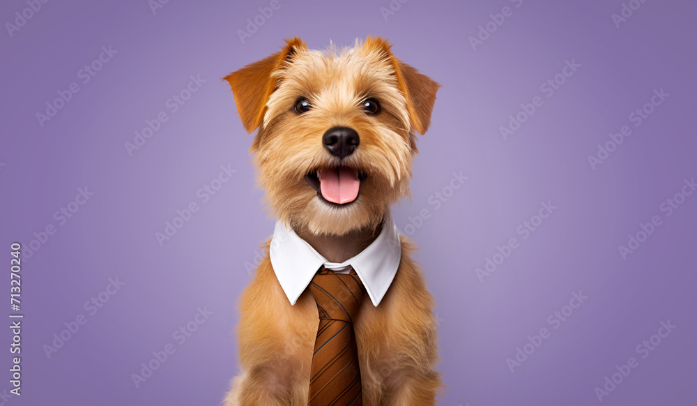 Funny dog in a tie on a colored background.