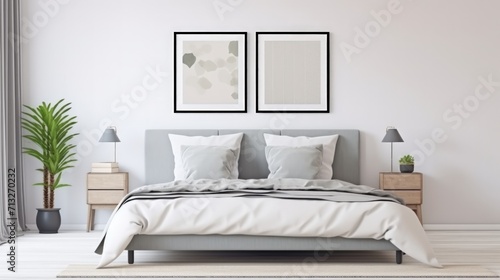 Frame mockup template scandinavian modern wooden bedroom with rattan furniture in white tones double bed duvet pillows wardrobe carpet mirror lamp and decors. Generative AI. © Penatic Studio