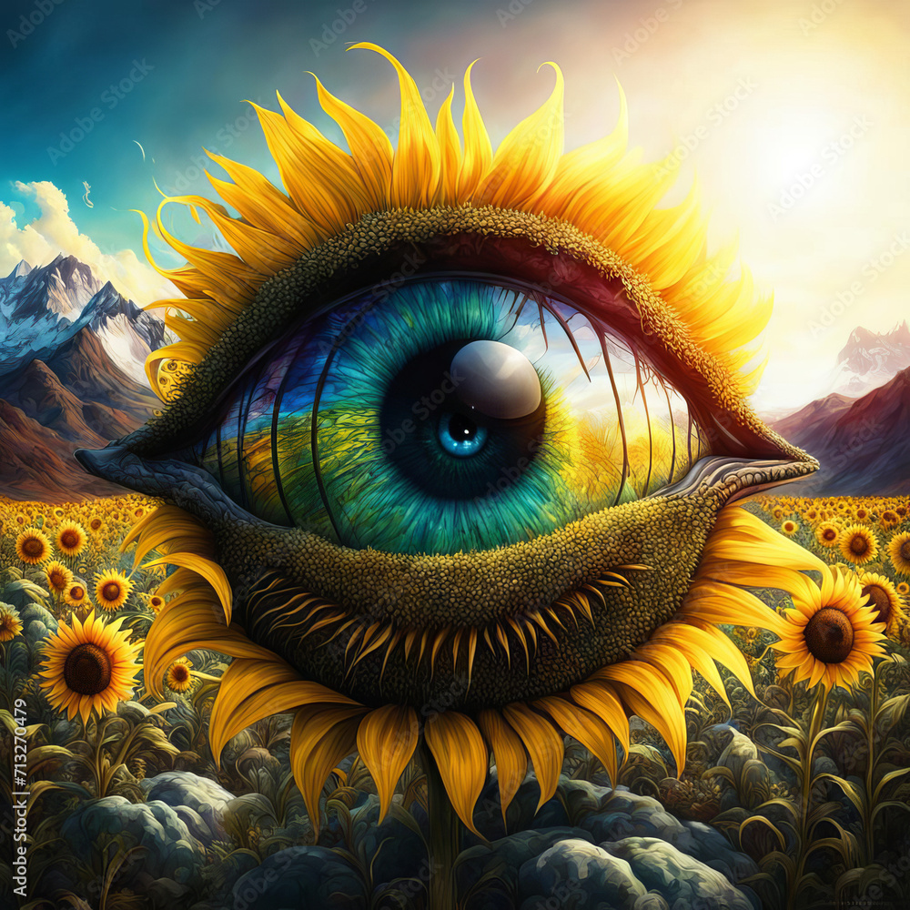 A large detailed sunflower looking out with its big eye at sunset in a field.