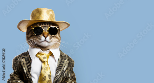 Stylish cat wearing glasses  a hat and a suit with a tie.