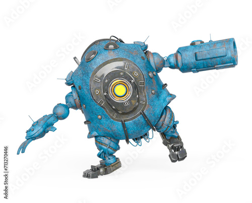 heavy metal mech ball is walking off balance on white background