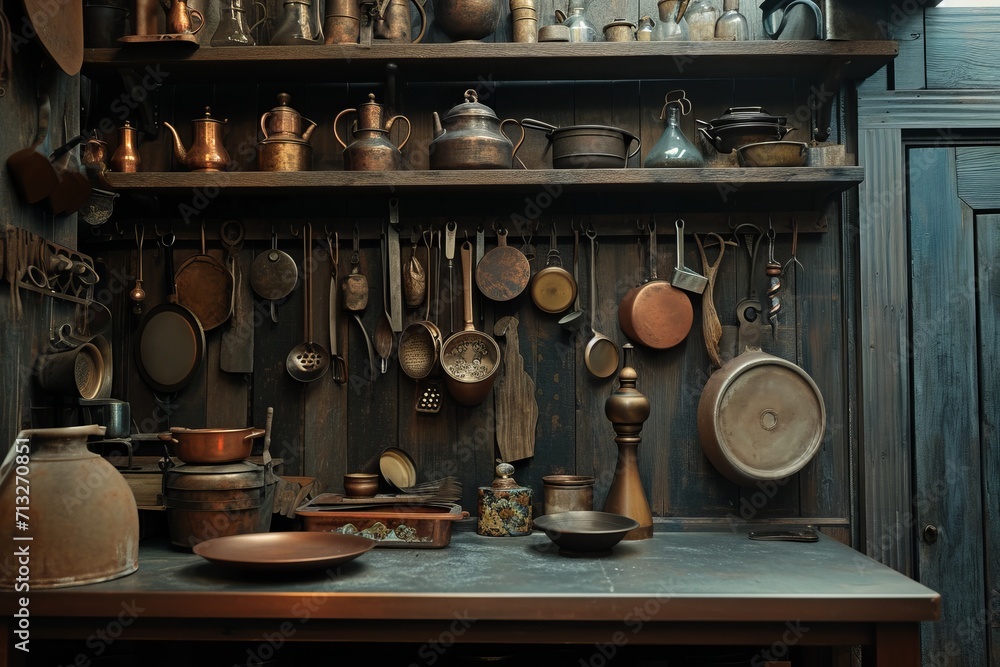 Time-worn kitchen implements on exhibit offer a nostalgic journey into culinary history, showcasing the wear and tear of bygone utensils and tools. Time-worn kitchen implements on exhibit offer a nostalgic journey into culinary history, showcasing the wear and tear of bygone utensils and tools.