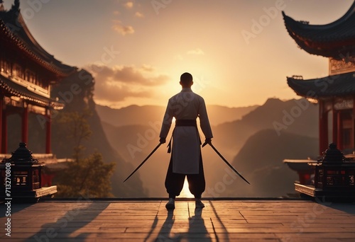 Image of a Chinese kungfu fighter with swords in hand standing on a temple and looking at the sun. photo