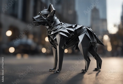 A black dog standing at a city with background.
