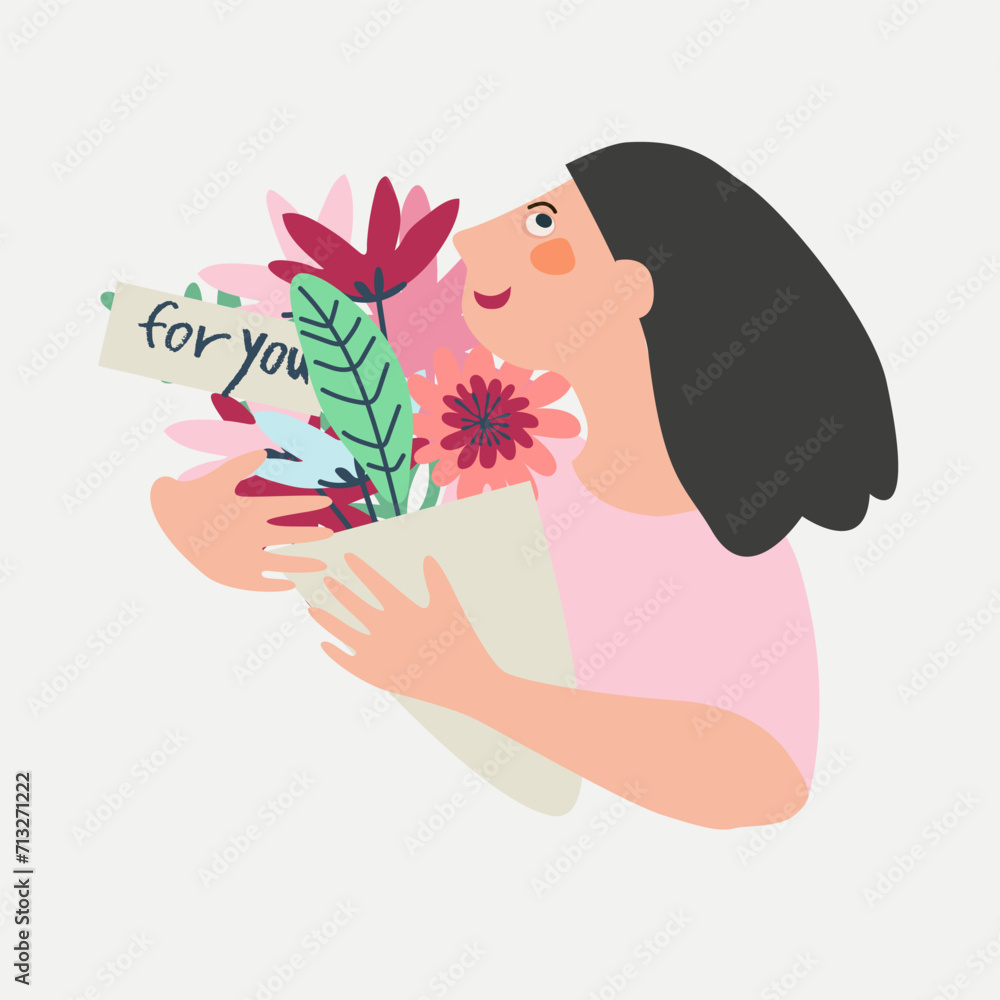 Happy Valentines Day greeting card with hand drawn man or woman with a bouquet of flowers and lettering