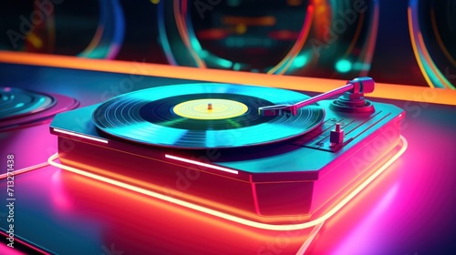 Vinyl record player. Retrowave music background.