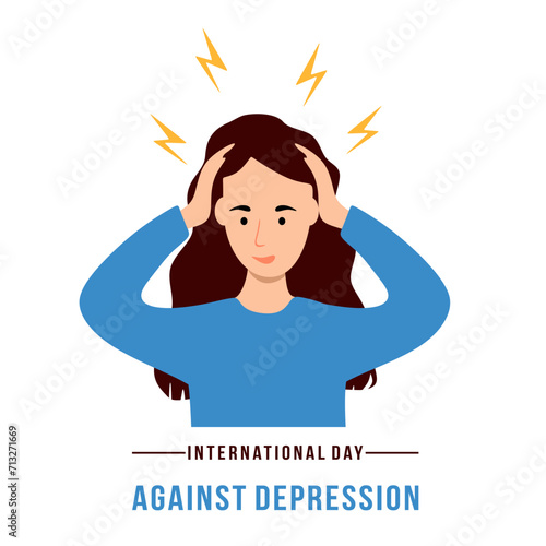 International Day Against Depression. Young depressed girl holding her head in flat style. Concept of fear, shame, social phobia. Young woman with with confused thoughts. Colored vector illustration