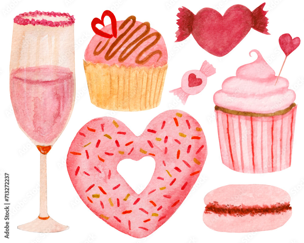 Цatercolor set, donut, candies, cupcakes, glass, macaroon isolated on white background. For various products, cards etc Цatercolor set, donut, candies, cupcakes, glass, macaroon isolated on white background. For various products, cards etc