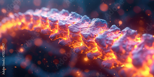 Abstract 3D Render of macro Glowing Spinal Cord. 3D illustration of an illuminated spine with neural network activity, symbolizing biotechnology and medical visualization.