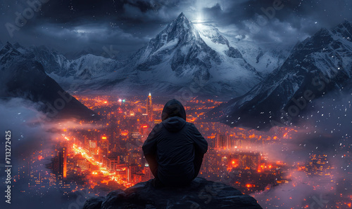 Solitary figure sitting on a mountain overlook against a backdrop of a night sky and snowy peak  overlooking the city lights below