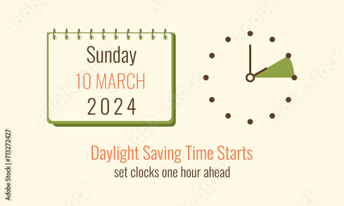 Spring forward 2024 10 March minimalist banner with Calendar and alarm. Daylight Saving Time begins simple design. Summer set clocks ahead hour. DST starts in USA reminder flat vector illustration