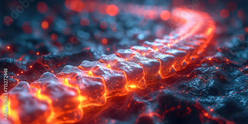 Abstract 3D Render of macro Glowing Spinal Cord. 3D illustration of an illuminated spine with neural network activity, symbolizing biotechnology and medical visualization.