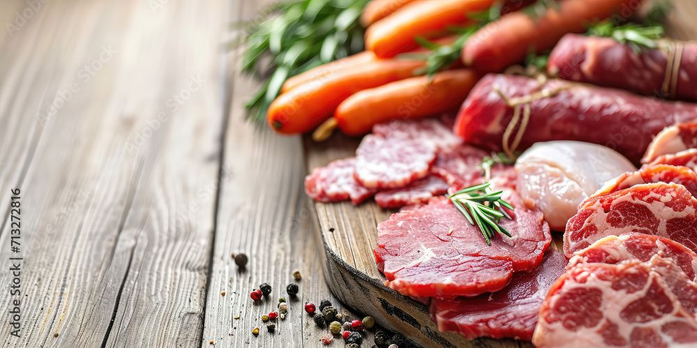 Assorted Fresh Meat, carrots and Charcuterie on Wooden Board with copy space. Variety of raw meats and cold cuts meat products. Assorted Fresh Meat, carrots and Charcuterie on Wooden Board with copy space. Variety of raw meats and cold cuts meat products.