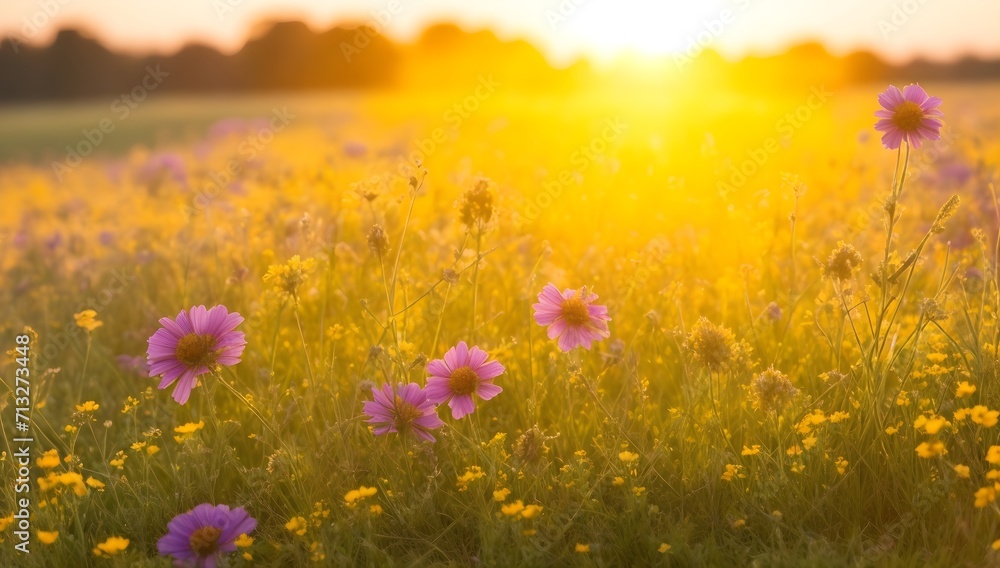 Sunset Over the Meadow. Flowers Bathed in the Warm Evening Glow