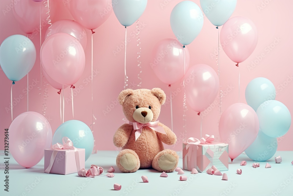 A birthday present. Toys and balloons are decorations for a festive party. A birthday present. Toys and balloons are decorations for a festive party.