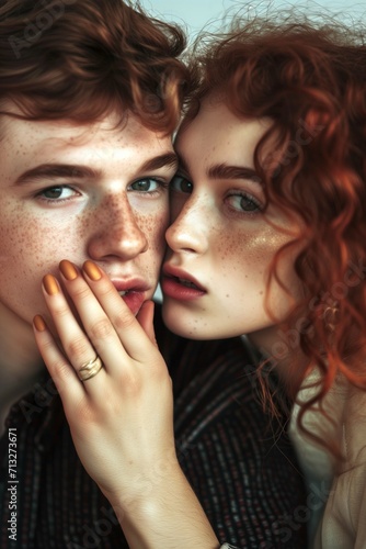 Redhead curly couple with freckles handsome man and beautiful woman with perfect makeup and manicure with glowing skin trying to say something to him close up photo keeping a secret