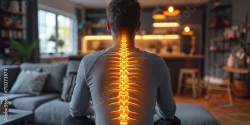 Man with Highlighted Spine Pain. Digital composite image of a man's spine glowing to indicate back pain. photo