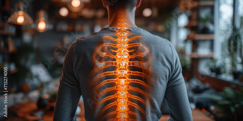 Man with Highlighted Spine Pain. Digital composite image of a man's spine glowing to indicate back pain in a modern living room.